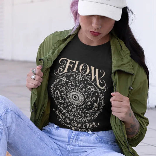 Ramro Yoga Wear Flow tee in Black — yoga mandala state of grace vintage design, urban street lifestyle shot