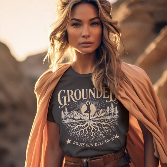 Ramro Yoga Wear Grounded tee in Dark Chocolate — vintage tree pose and deep roots design, desert rocks lifestyle shot