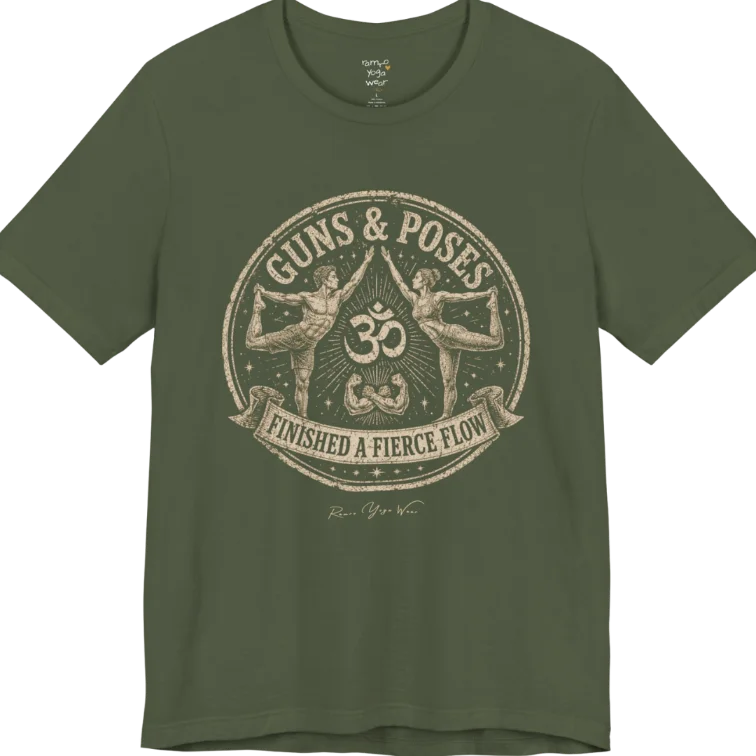 A short sleeved teed with a circular badge mirroring Dancer's Pose figures and Om symbol — Funny Yoga Shirts collection by Ramro Yoga Wear in Military Green