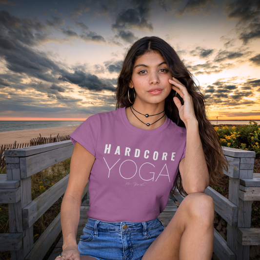 Hardcore T-Shirt, "Hardcore Yoga" stacked block text design — The Vault collection by Ramro Yoga Wear, Heather Radiant Orchid.
