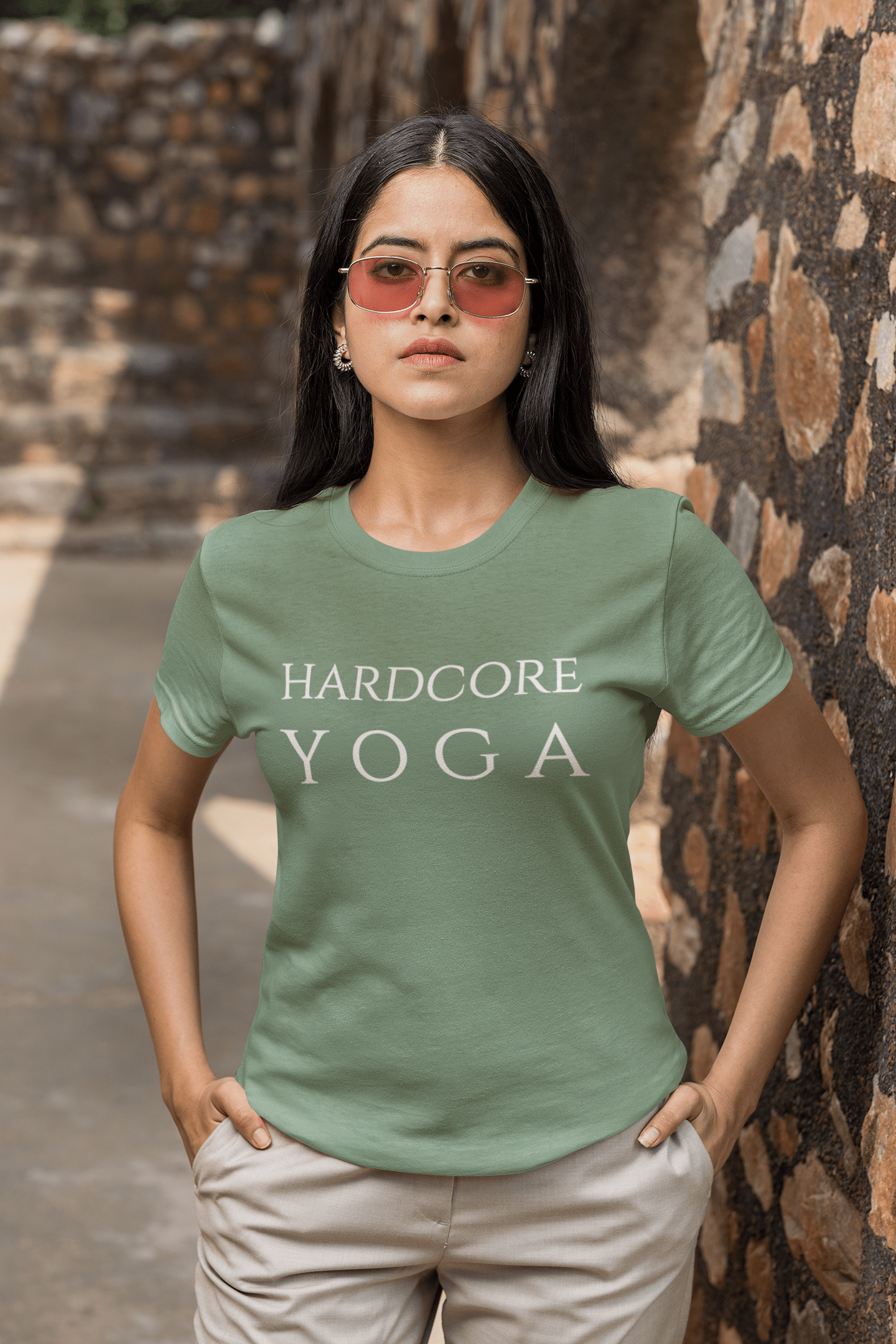 Sage green Hardcore Yoga T-Shirt with bold minimalist lettering. Strong street style yoga tee.