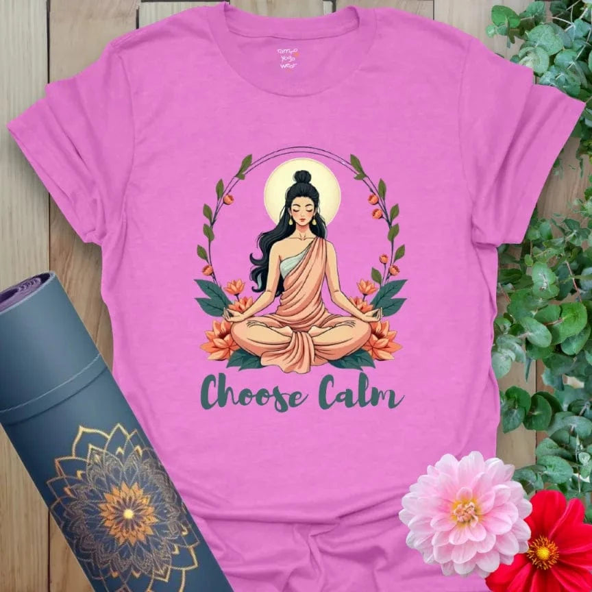 Heather Radiant Orchid Choose Calm T-Shirt with spiritual artwork of a seated woman in lotus pose.