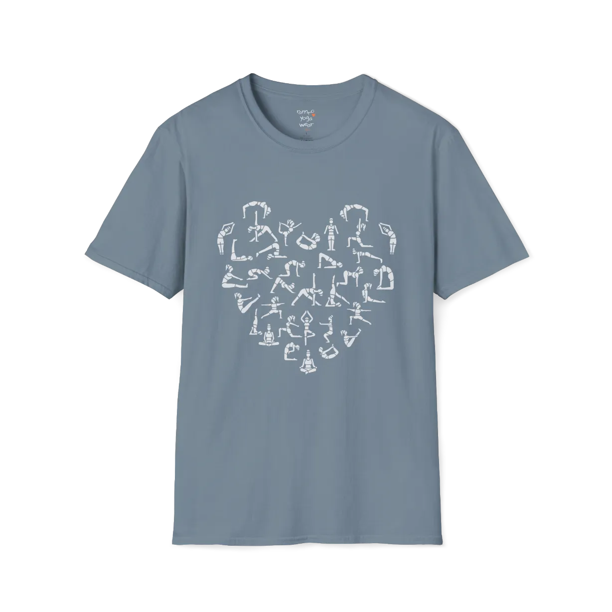Heart symbol formed from yoga pose silhouettes on Stone Blue tee — The Vault collection by Ramro Yoga Wear