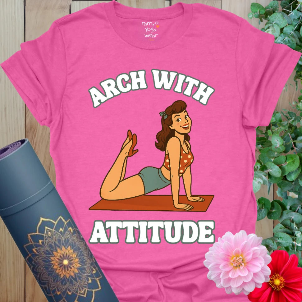 Bright heather heliconia yoga shirt with joyful pinup in arch pose and vintage vibe for stylish, conscious wear.
