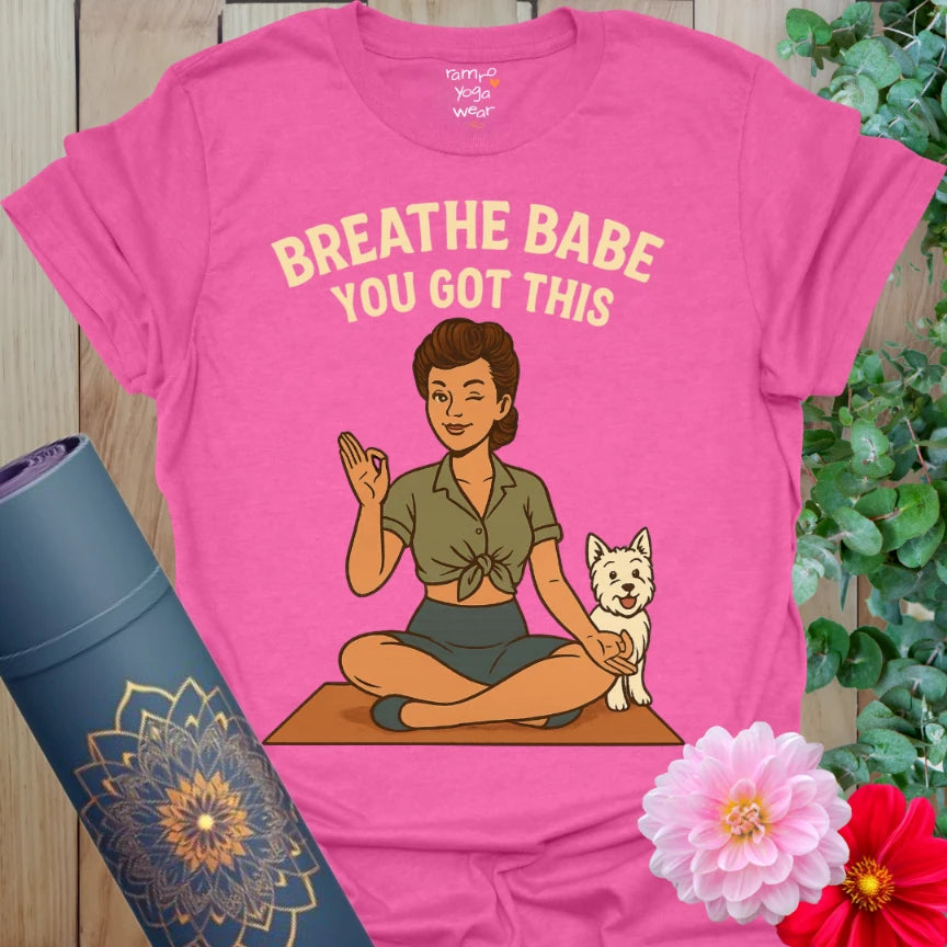 Bright pink Heather Heliconia yoga tee with spiritual affirmation and vintage yogi artwork for positive vibes.