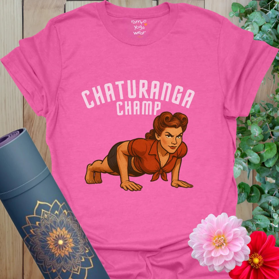Bright Heather Heliconia t-shirt with strong pinup-style yogi in active pose for mindful strength and sass.