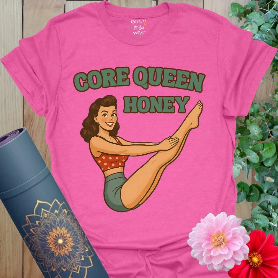 Vivid heather heliconia yoga tee showcasing a retro pinup in Boat Pose for playful power and vintage vibes.