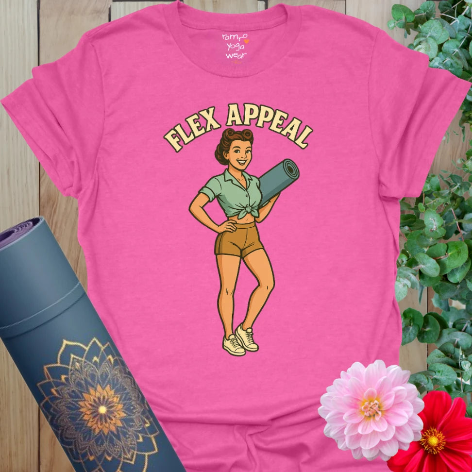 Bright pink heather yoga tee with pinup-style yogi and cheeky âFlex Appealâ graphic for powerful practice days.