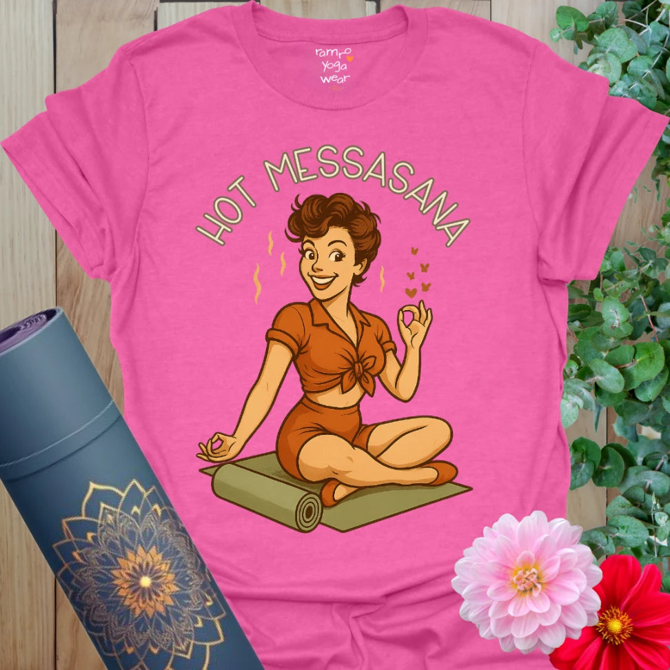 Vibrant pink heather yoga t-shirt featuring retro yogi artwork with whimsical heart and steam details.