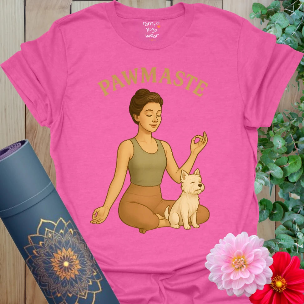 Vibrant pink Heather Heliconia tee with retro yogi and pup illustration for calm, cheeky balance.