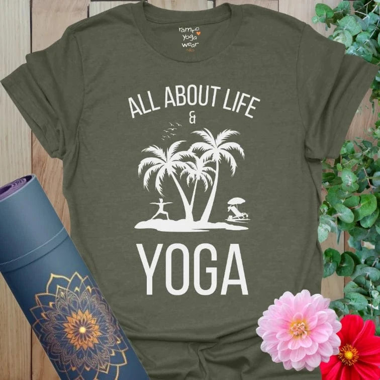 Heather Military Green About Life T-Shirt with white island yoga artwork. Perfect for soulful beach lovers and relaxed living.