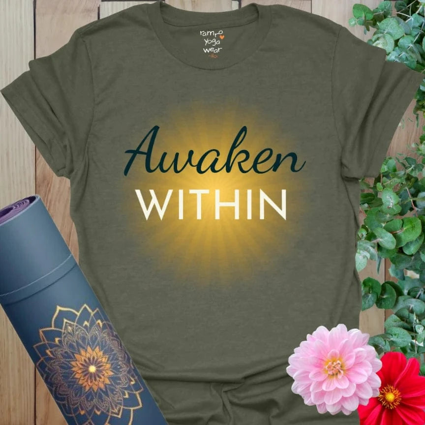 Heather Military Green Awaken T-Shirt with glowing motivational text. Yoga-inspired shirt for clarity and conscious living.