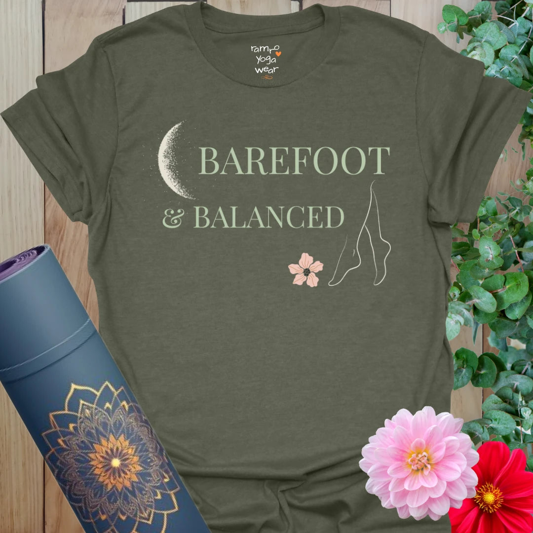Heather Military Green Barefoot T-Shirt with soft moon and bloom design. A yoga-inspired tee for grounded movement and peaceful energy.