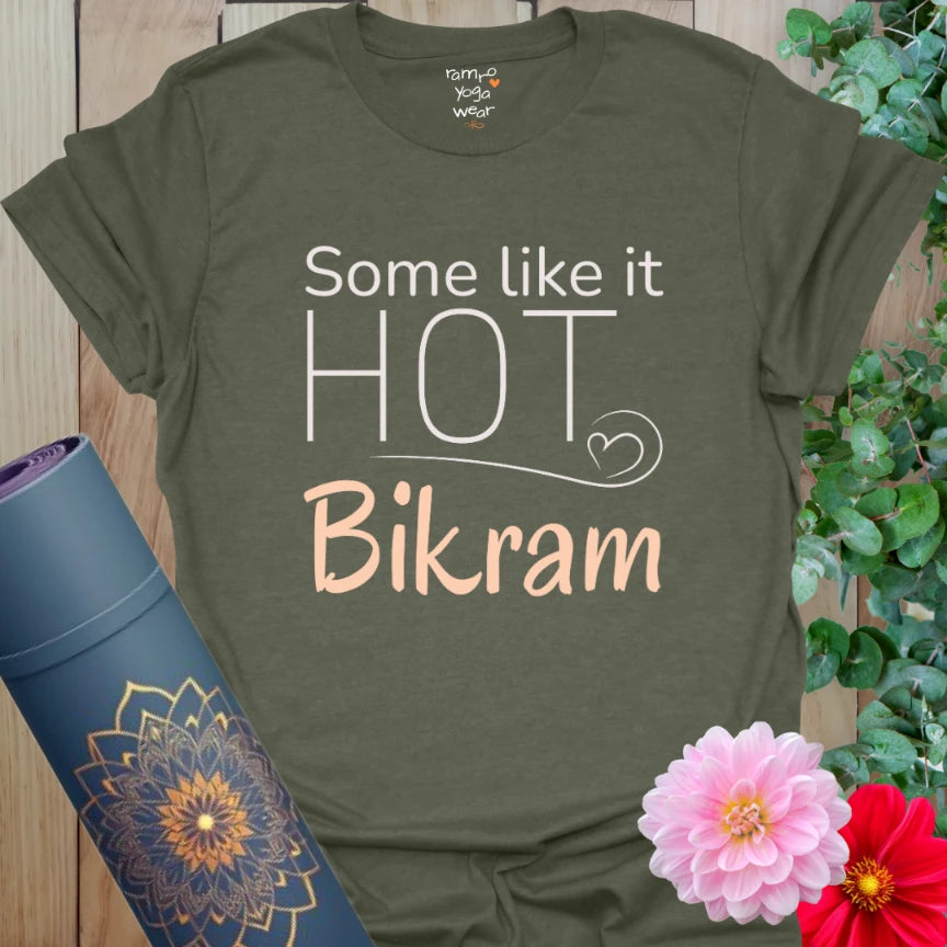 Heather Military Green Bikram T-Shirt with warm-toned text design. A grounded, witty tee for Bikram fans and yoga warriors.