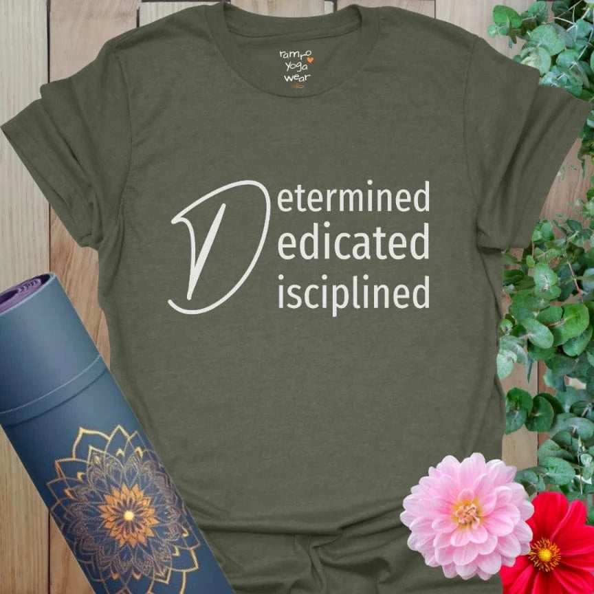 Heather Military Green Determined T-Shirt with light text for earthy, grounded vibes. Made for those who walk the walk.