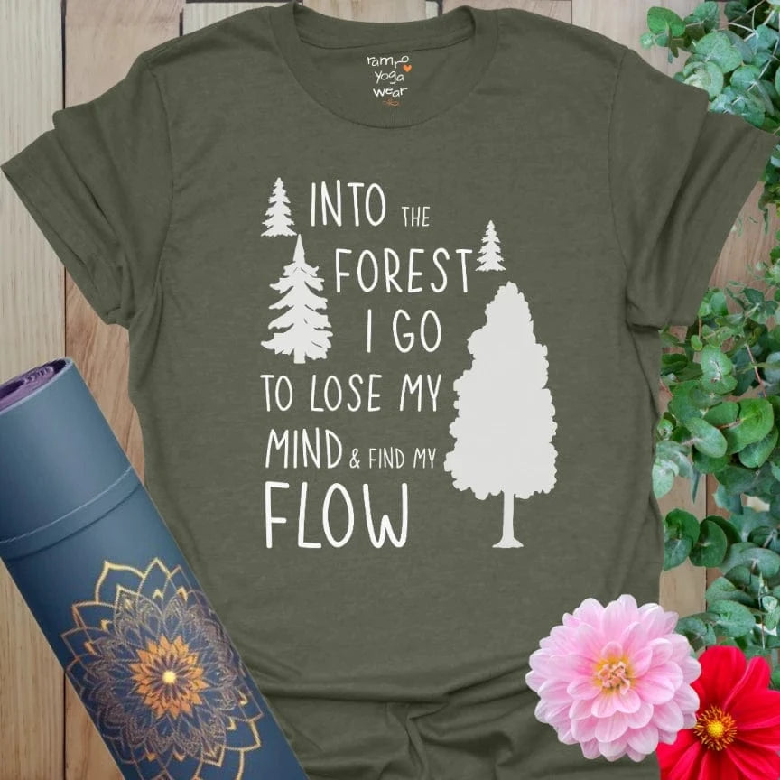 Heather Military Green Forest T-Shirt with grounding forest design. Ideal for hiking yogis and nature seekers.