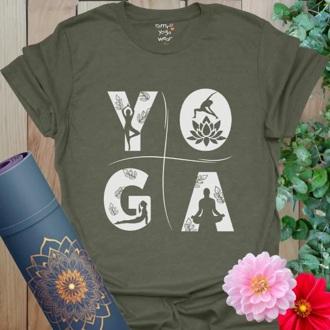 Heather Military Green tee with bold white YOGA block graphic and pose silhouettes. Strong yet soft yoga shirt for everyday flow.