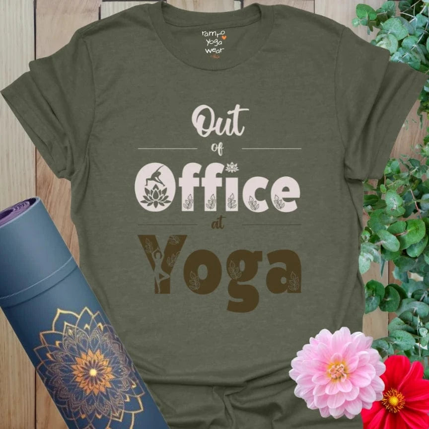 Heather Military Green Out Of Office T-Shirt featuring bold lettering with nature-inspired yoga graphics. A relaxed vibe for studio days or off-grid escapes.
