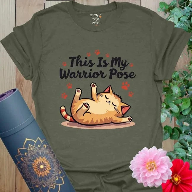 Heather Military Green Sleepy Warrior Cat T-Shirt featuring a cartoon cat lounging with the phrase “This Is My Warrior Pose.”