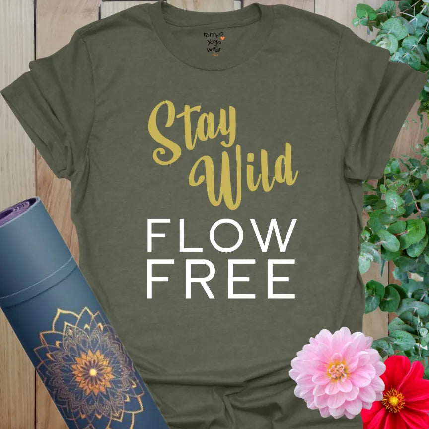 Earthy brush script design, vintage free spirit yoga tee on soft green shirt.