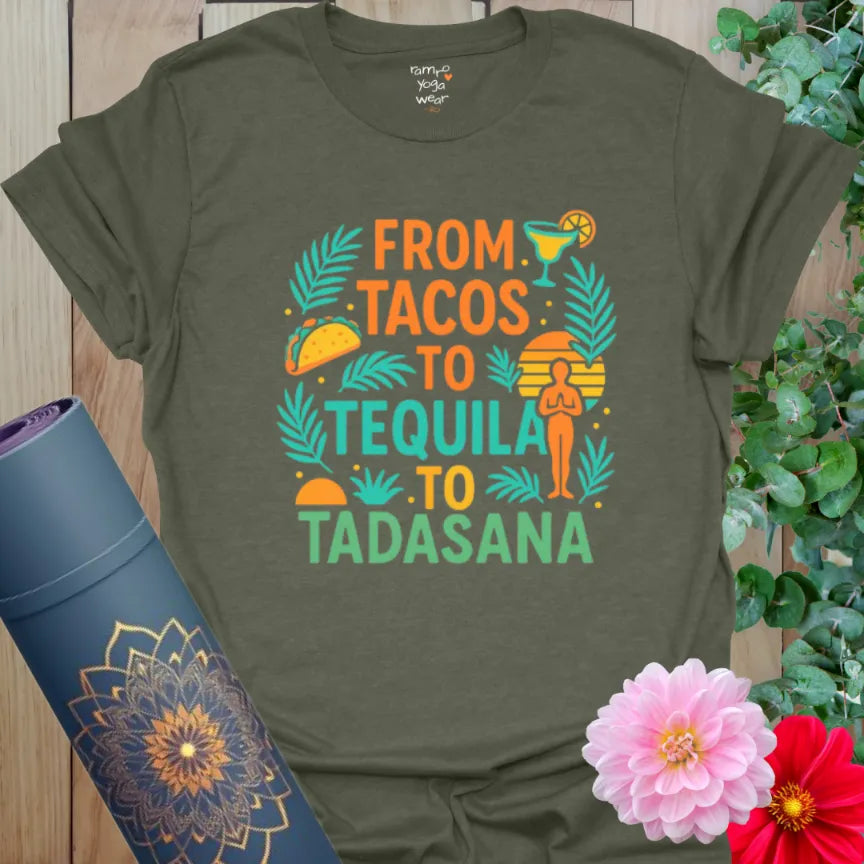 Heather Military Green Tequila T-Shirt featuring bright yoga-inspired design and colorful food & drink icons.