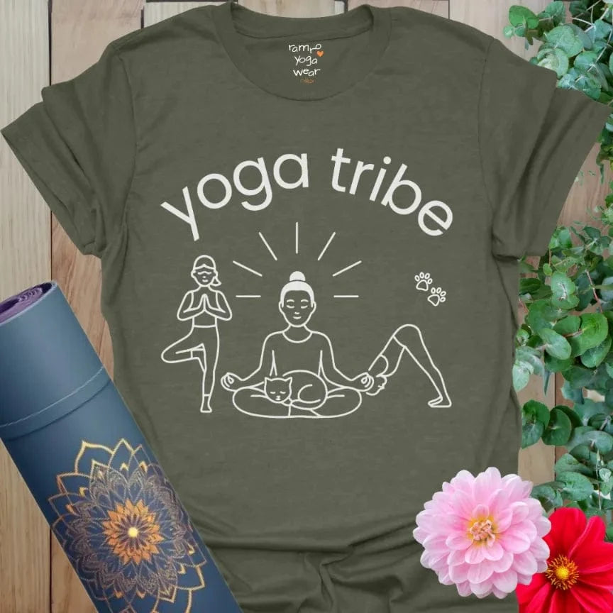 Heather Military Green Tribe T-Shirt featuring yogis and meditation figure. Yoga lifestyle clothing with community spirit.