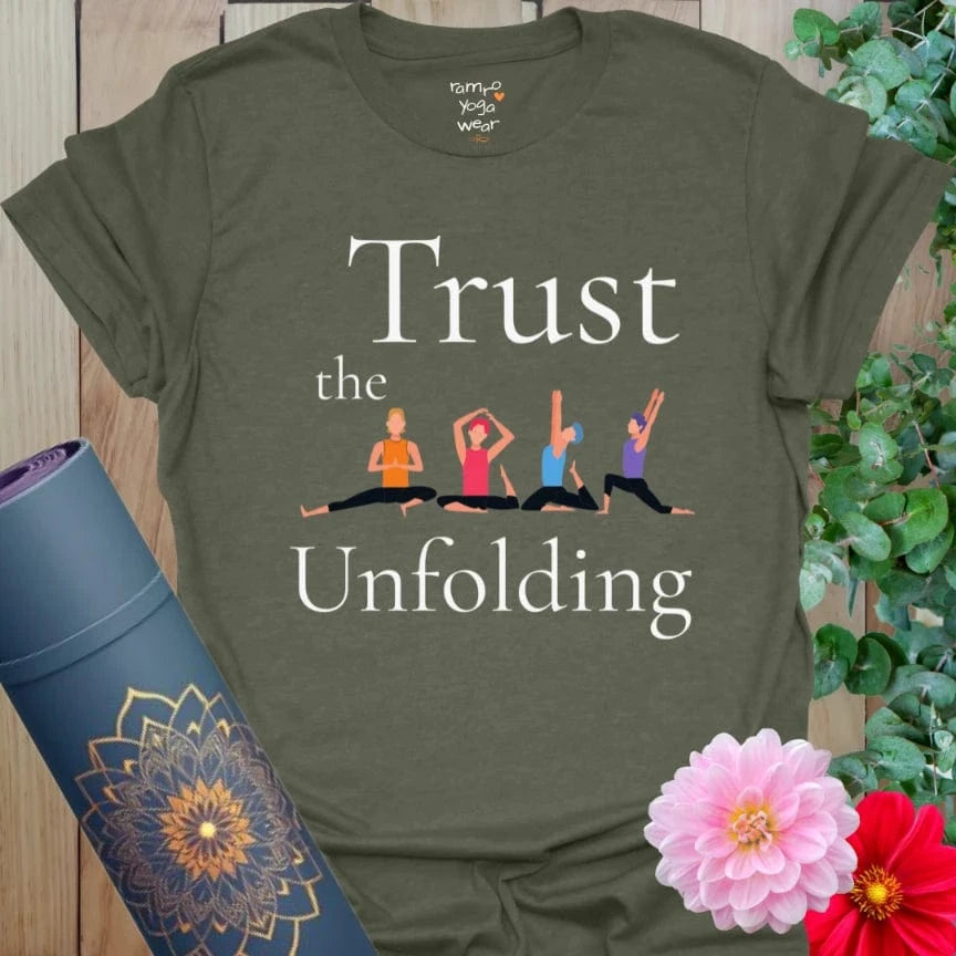 Heather Military Green Unfolding T-Shirt featuring a line of peaceful yogis and the words “Trust the Unfolding.” For earthy hearts and grounded souls.