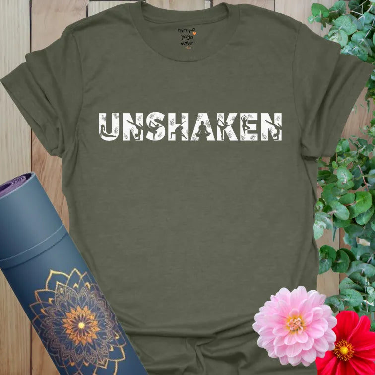 earthy vintage distressed yoga wordmark tee, rooted calm mantra on muted green shirt.