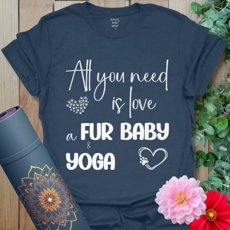 Heather Navy All You Need T-Shirt featuring love, fur baby & yoga design. Unisex tee for yogis and pet lovers.