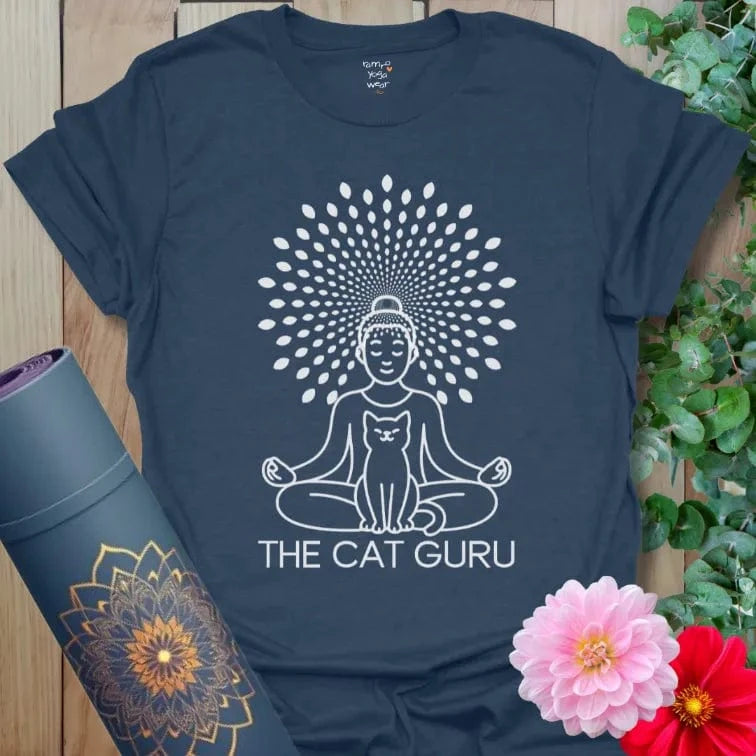 Heather Navy Cat Guru T-Shirt with Buddha-inspired yogi and cat design. Perfect yoga lifestyle wear.