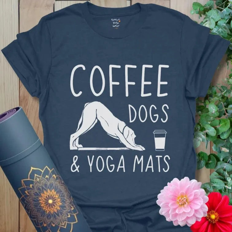 Heather Navy Coffee Dogs T-Shirt with bold white text. Fun yoga tee for coffee lovers and dog parents.