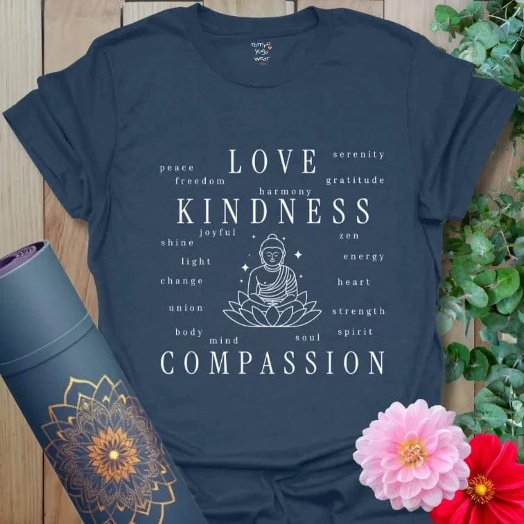 Heather Navy tee with Buddha lotus design surrounded by words like love, kindness, and compassion.