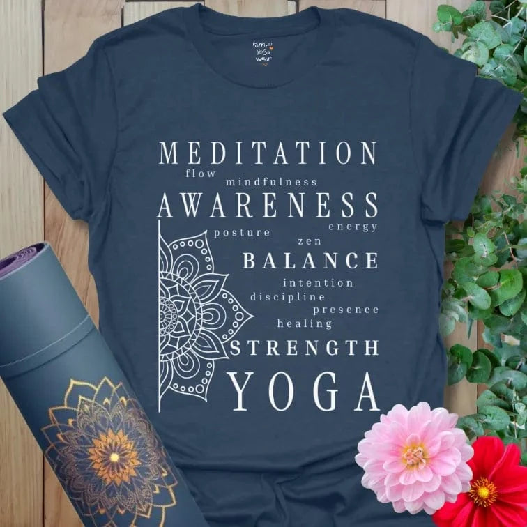 Heather Navy Essence T-Shirt with elegant mandala and wellness typography. A beautiful reminder to move with intention.