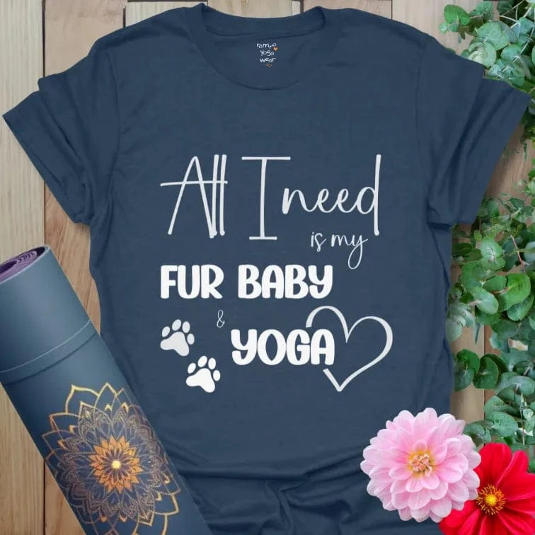Heather Navy Fur Baby T-Shirt with paw prints, heart, and yoga mantra. Soft cotton unisex fit for yogis and dog lovers.