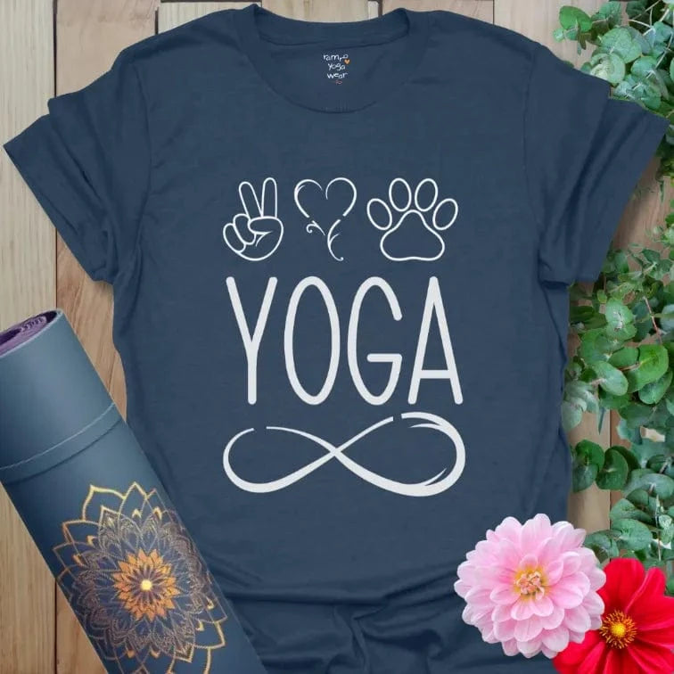 Heather Navy Infinite Yoga T-Shirt featuring peace, love, paw print icons with infinity symbol. Comfy unisex yoga gift shirt.