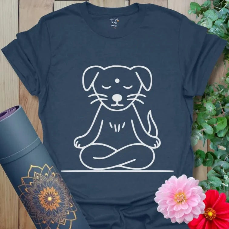 Yoga tee with peaceful dog illustration in meditation pose.