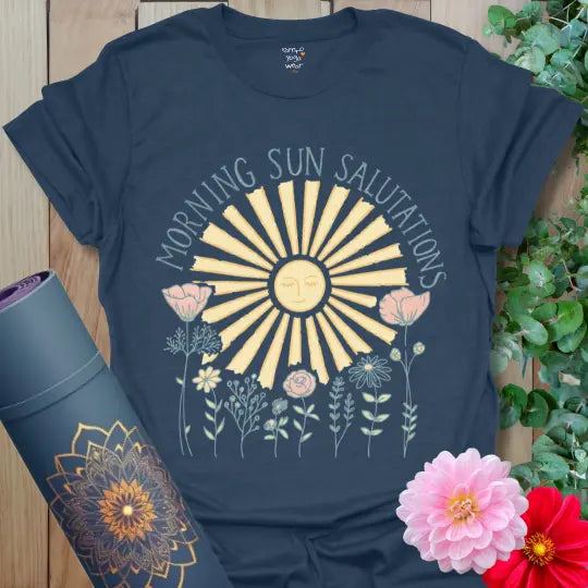 Heather Navy Morning Sun Salutations T-Shirt with soft gold sun and dusky floral design. Calm yoga shirt inspired by early light.