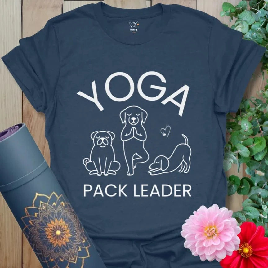 Heather Navy Pack Leader T-Shirt with playful yoga dog design. Fun yoga gift for pet lovers and dog owners.