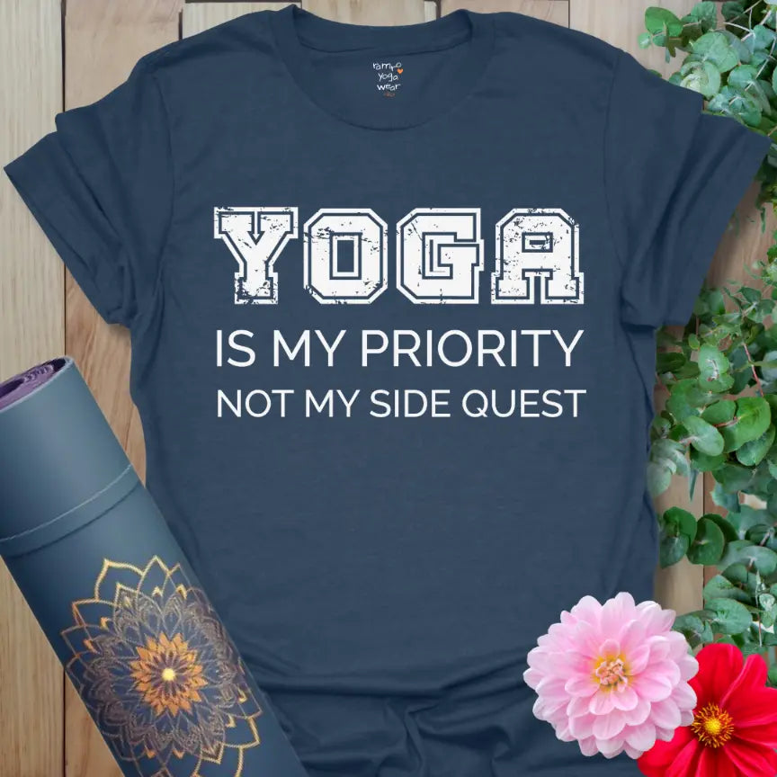Heather Navy Priority T-Shirt with a bold, uplifting statement design on soft cotton for mindful, everyday comfort.