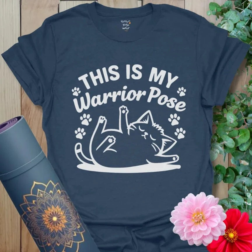 Heather Navy Warrior Cat T-Shirt featuring a relaxed cat in warrior pose. Unisex yoga tee with a touch of humor.