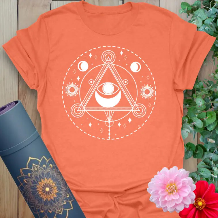 Heather Orange All Seeing Eye T-Shirt – chakra-inspired sacred geometry t-shirt for mindful living.