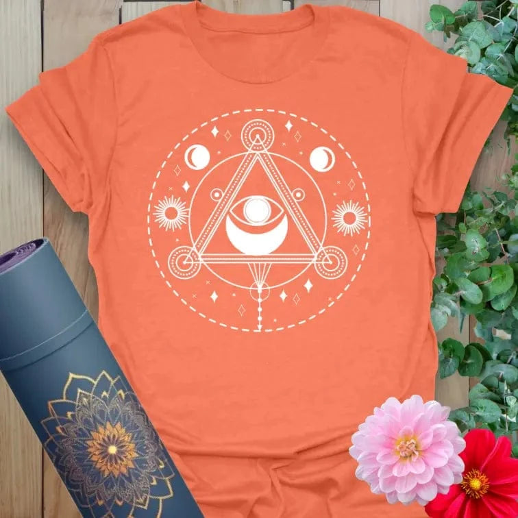Heather Orange All Seeing Eye T-Shirt – chakra-inspired sacred geometry t-shirt for mindful living.