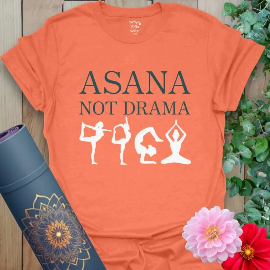 Heather Orange Asana T-Shirt with yoga pose illustrations and bold mantra. Graphic yoga tee with a playful reminder to stay centered.