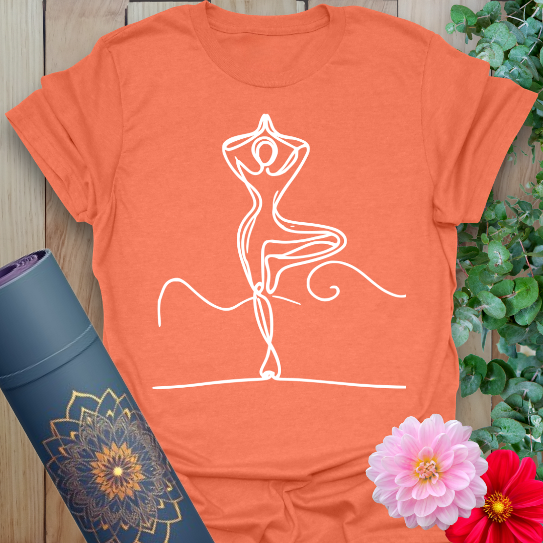 Heather orange unisex shirt with flowing line drawing of tree pose