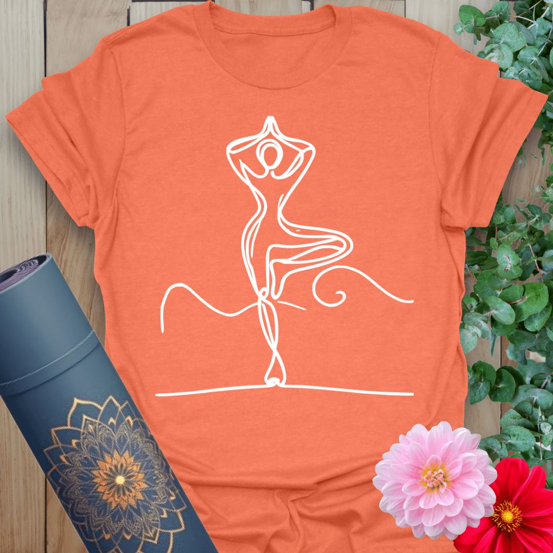 Heather orange unisex shirt with flowing line drawing of tree pose