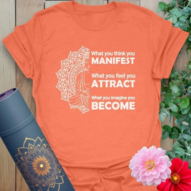Heather orange yoga tee with empowering manifestation quote and sacred graphic