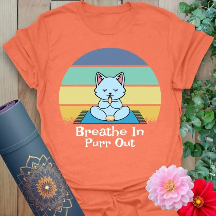 Heather orange yoga cat t-shirt with retro sunset and purrfect mindfulness