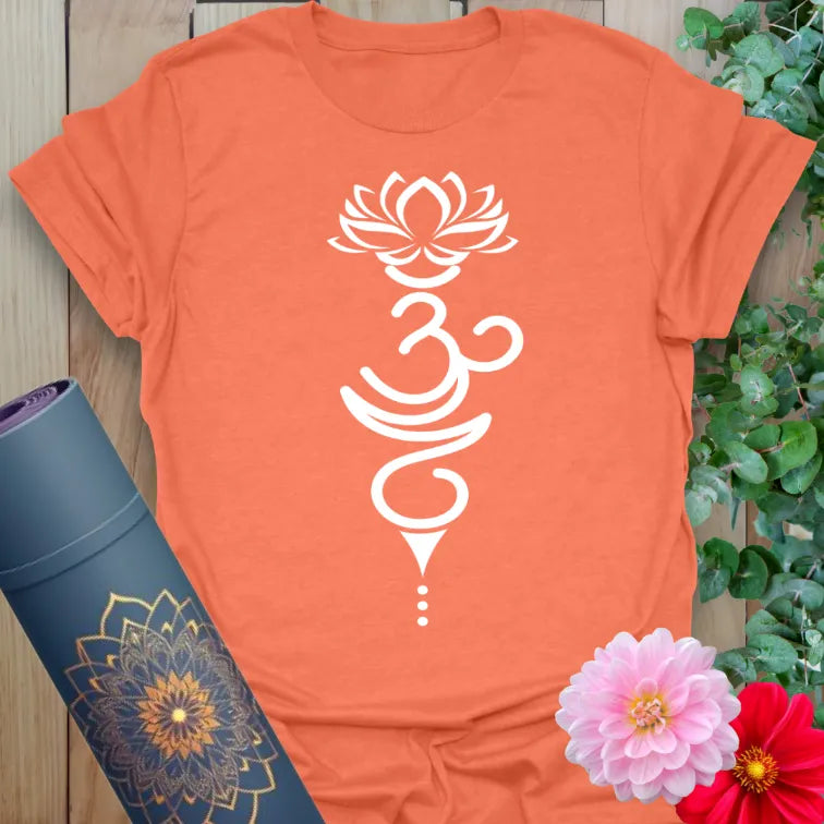 Heather orange spiritual tee with modern Om and lotus print