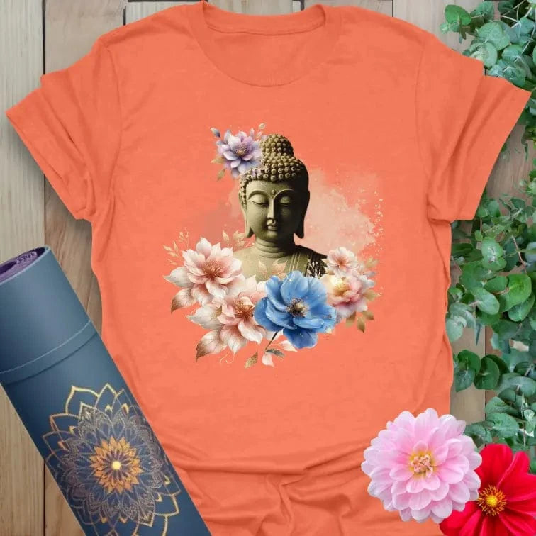 Heather orange spiritual tee with floral Buddha artwork for mindful living