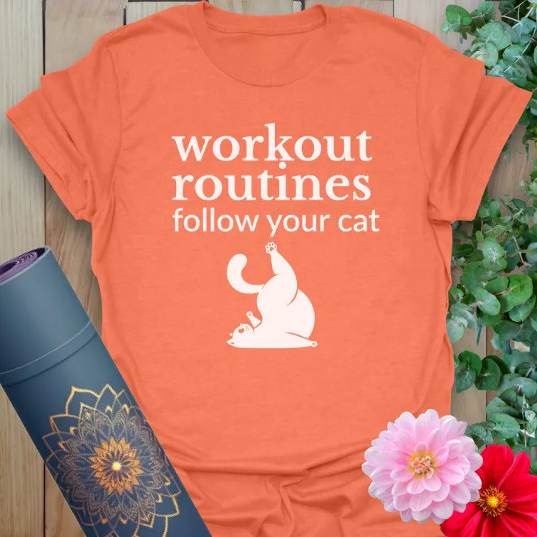 Heather orange t-shirt with yoga cat graphic and workout humor quote